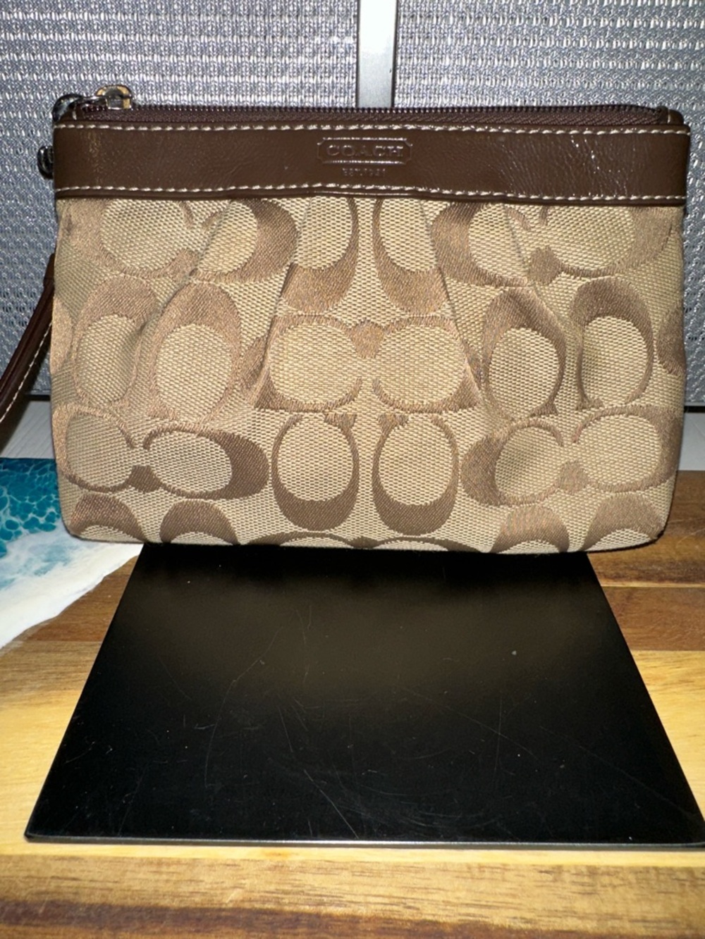 Coach Brown Signature Canvas Wristlet with Patent Trim